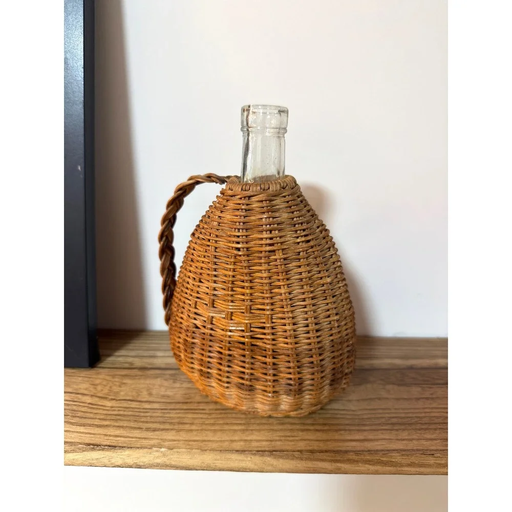 Vintage Wicker Wrapped Glass Demijohn Bottle Jug Vase Decanter Rustic Boho Decor